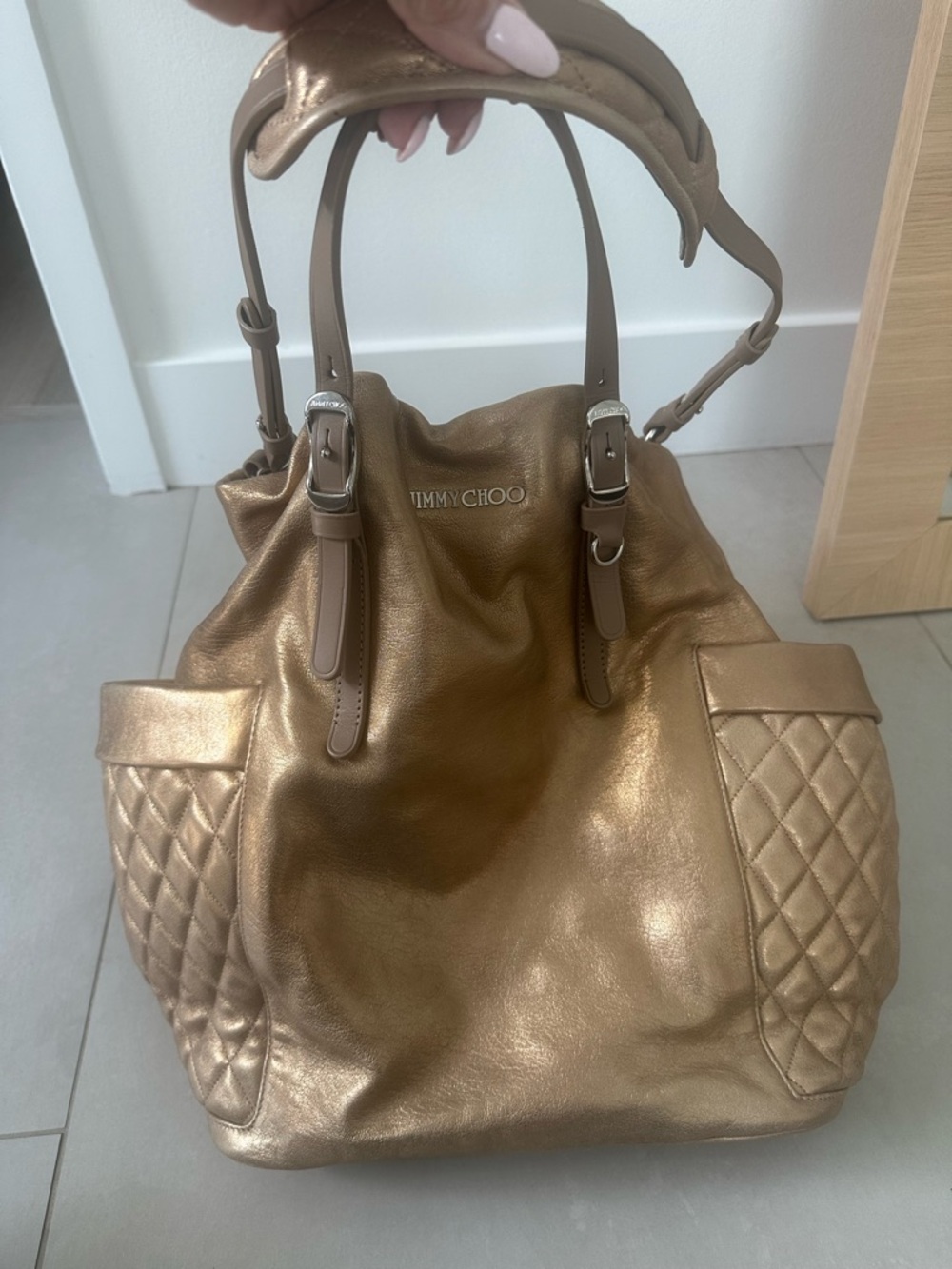 Jimmy Choo Metallic Gold Leather Quilted Tote